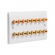 SlimLine White 8.0 2 Gang - 16 Binding Post Speaker Panel Wall Plate - 16 Terminals - No Soldering Required