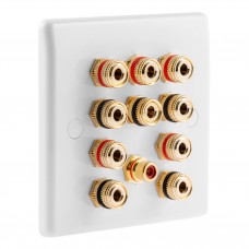 White 5.1 Slim Line One Gang Speaker Wall Plate 10 Terminals + RCA Phono Socket - No Soldering Required
