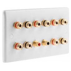 White Slim Line 5.2 Speaker Wall Plate 10 Terminals + 2 x RCA Phono Socket - Two Gang - No Soldering Required
