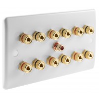 White SlimLine 6.1 Speaker Wall Plate 12 Terminals + RCA Phono Socket - Two Gang - No Soldering Required