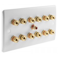 White SlimLine 6.1 Speaker Wall Plate 12 Terminals + RCA Phono Socket - Two Gang - No Soldering Required