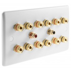 White Slim Line 6.2 Speaker Wall Plate 12 Terminals + 2 RCA Phono Sockets - Two Gang - No Soldering Required