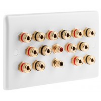 White Slim Line 7.2 Speaker Wall Plate 14 Terminals + 2x RCA Phono Socket - Two Gang - No Soldering Required