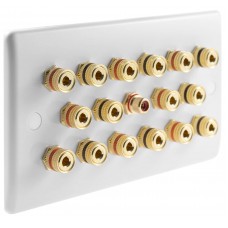 White Slimline 8.1 Speaker Wall Plate 16 Terminals +  RCA Phono Socket - Two Gang - No Soldering Required