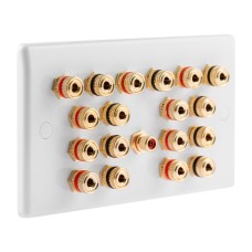 White Slimline 9.1 Speaker Wall Plate 18 Terminals +  RCA Phono Socket - Two Gang - No Soldering Required