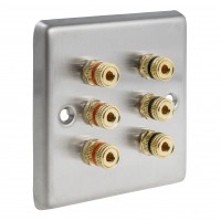 Stainless Steel Brushed Raised plate - 3.0 1 Gang - 6 Binding Post Speaker Wall Plate - 6 Terminals - No Soldering Required