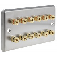 Stainless Steel Brushed Raised plate - 6.0 - 12 Binding Post Speaker Wall Plate - 12 Terminals - No Soldering Required