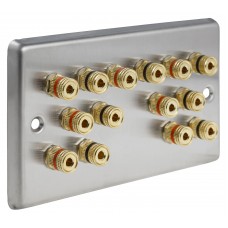 Stainless Steel Brushed Raised plate - 7.0 - 14 Binding Post Speaker Wall Plate - 14 Terminals - No Soldering Required