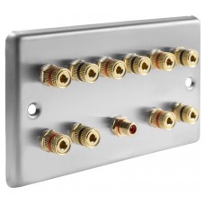 Stainless Steel Brushed Raised plate 5.1 Speaker Wall Plate 10 Terminals + 1 RCA Phono Socket - Two Gang - No Soldering Required