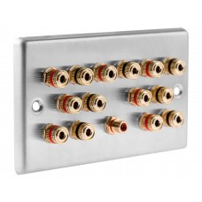 Stainless Steel Brushed Raised plate 7.1 Speaker Wall Plate 14 Terminals + 1 RCA Phono Socket - Two Gang - No Soldering Required