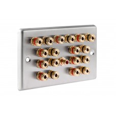 Stainless Steel Brushed Raised plate 9.1 Speaker Wall Plate 18 Terminals + 1 RCA Phono Socket - Two Gang - No Soldering Required