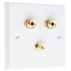 White 1.1 Speaker Wall Plate 2 Terminals + RCA Phono Socket - No Soldering Required